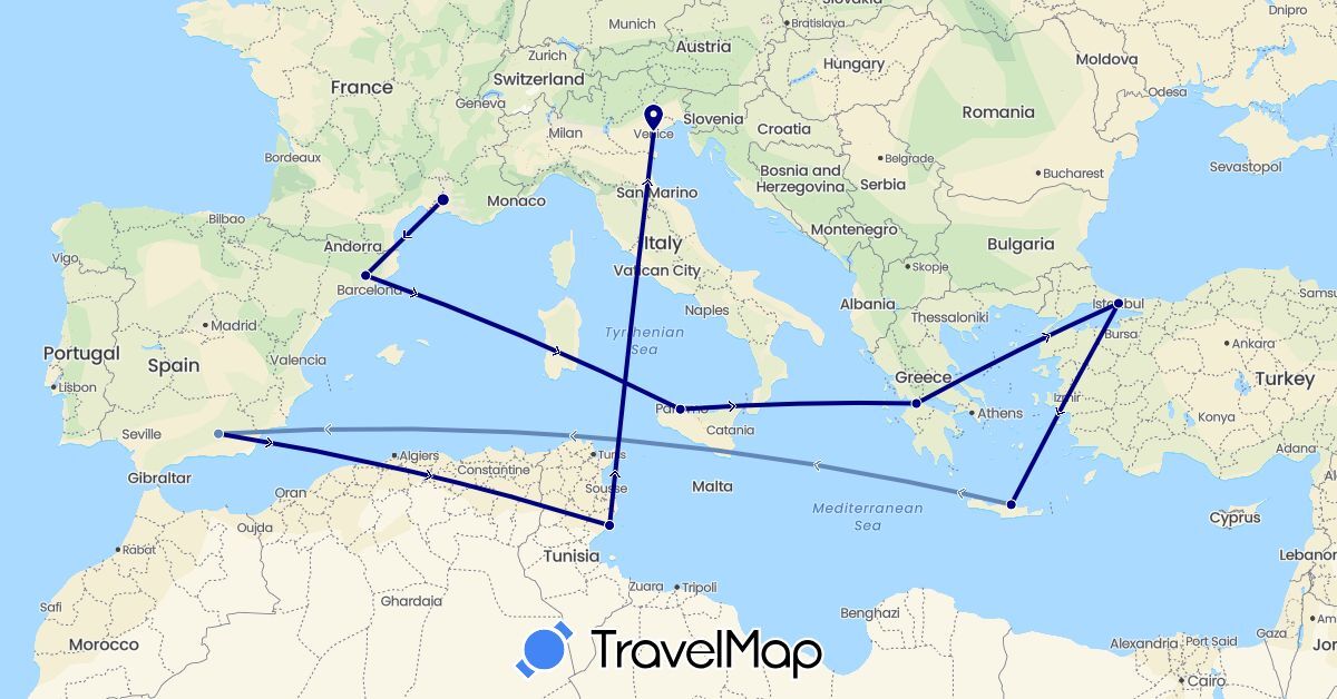 TravelMap itinerary: driving, cycling in Spain, France, Greece, Italy, Tunisia, Turkey (Africa, Asia, Europe)